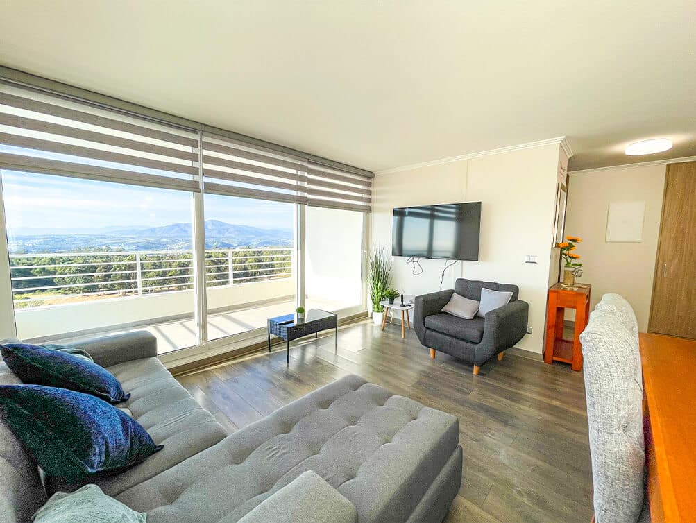 Departamento Full Amoblado en Arriendo Condominio Blanca Estela, Lomas de Montemar, Concón. Torre B, Piso 11, 3 Dormitorios, 2 Baños, Vista al Mar, Terraza Norponiente, Estacionamiento, $1.250.000