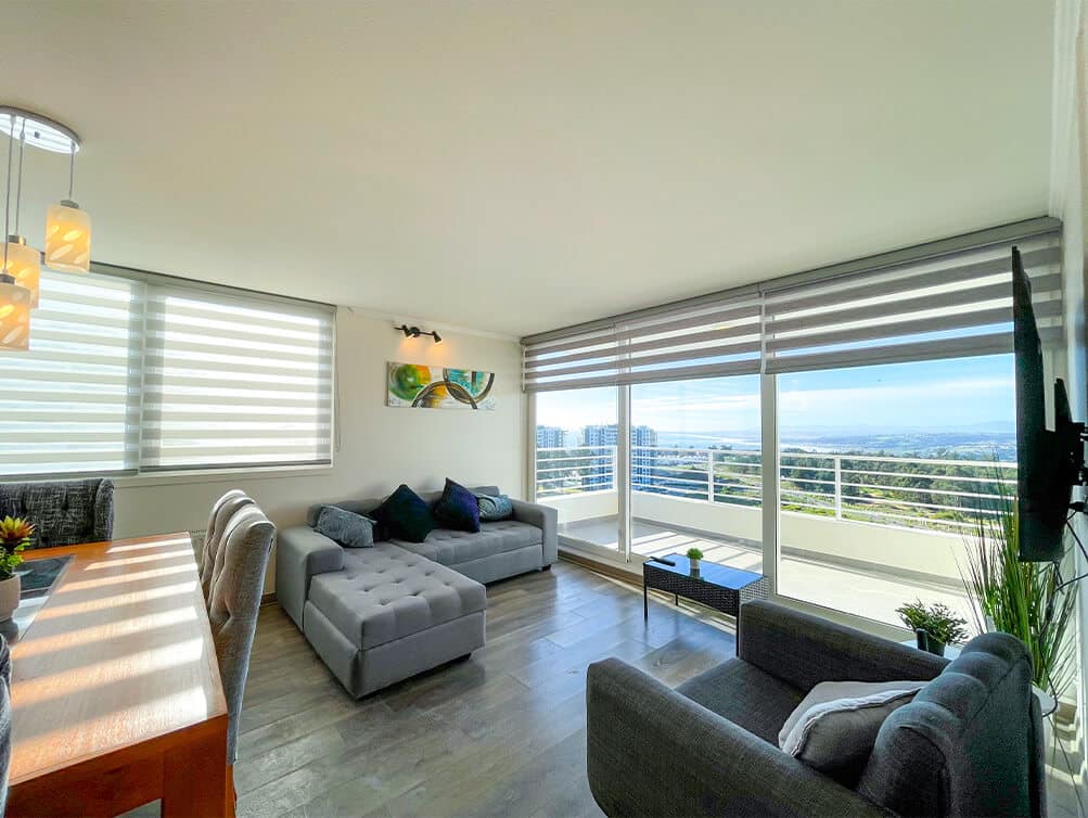 Departamento Full Amoblado en Arriendo Condominio Blanca Estela, Lomas de Montemar, Concón. Torre B, Piso 11, 3 Dormitorios, 2 Baños, Vista al Mar, Terraza Norponiente, Estacionamiento, $1.250.000